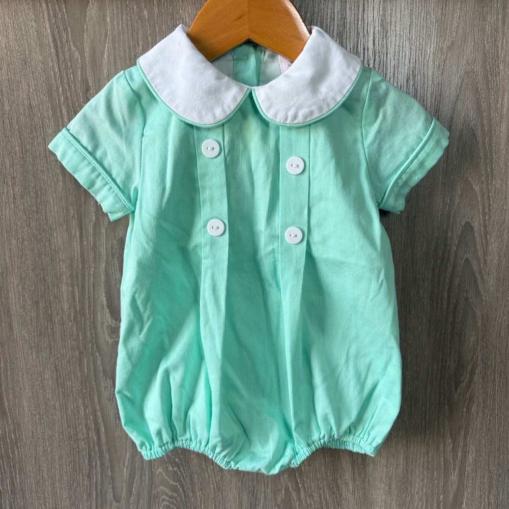 The Smocking Place Bubble Romper Boy 6M Mint Green Preppy Peter Pan Collar Pique